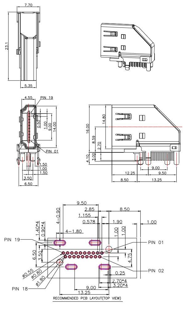 HDMI-A-10,HDMI A/F 側插/侧插HDMI母座,卧式侧插HDMI插座19P规格图