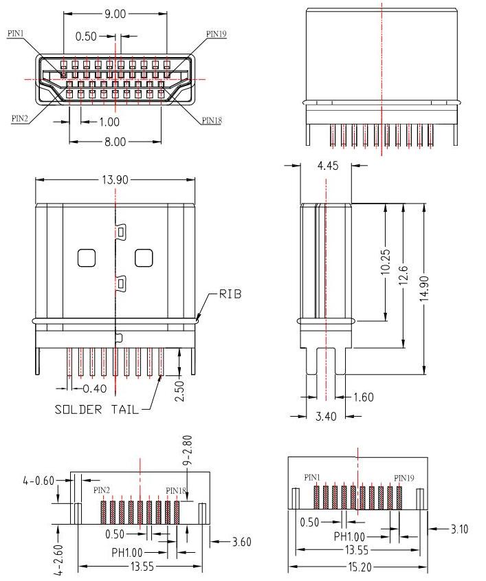 HDMI-A-11/HDMI Plug ,HDMI母头夹板, HDMI公头夹板,板厚:1.6mm规格图
