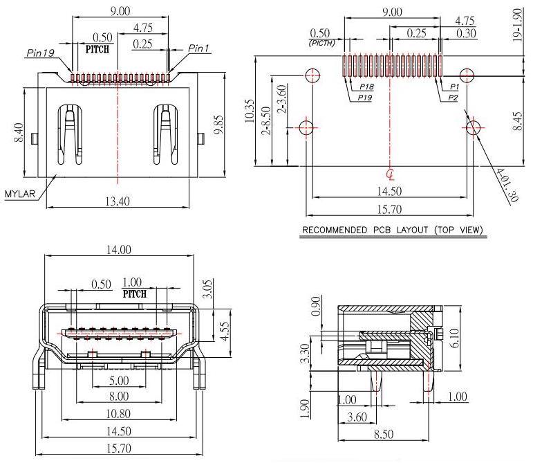 HDMI母座短体19针,超短HDMI插座L:12mm/ 超薄HDMI插孔19P/HDMI-A-3规格图