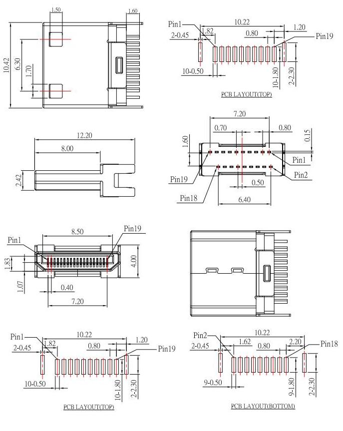 HDMI-C-3 ,HDMI JACK C TYPE ,公头HDMI夹板式，HDMI plug规格图