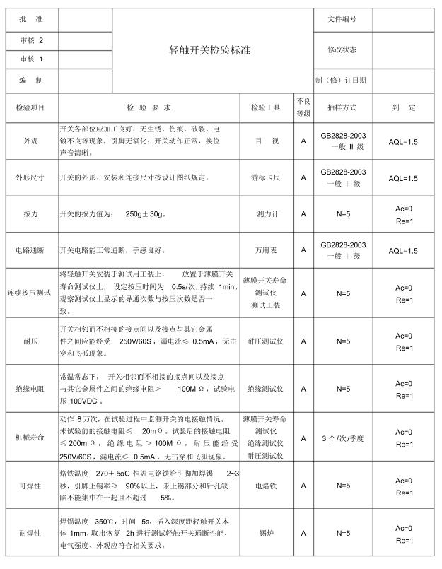轻触开关簧片检验流程怎么写