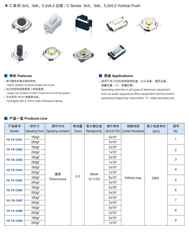 3x3、3x6、5.2x5.2正按轻触开关规格图
