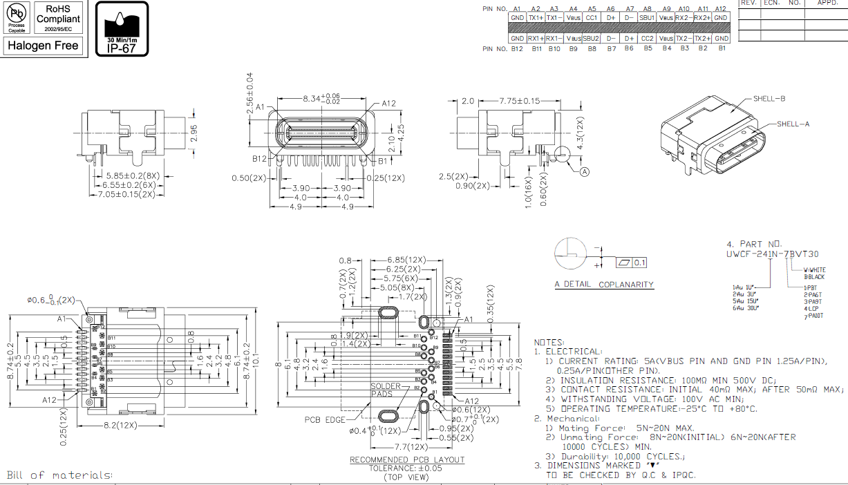 防水 USB Type-C 母座 连接器 板上 90度 24PIN 前插后贴 四脚 PA10料 CL=2.1 H=4.3 L=9.75规格图