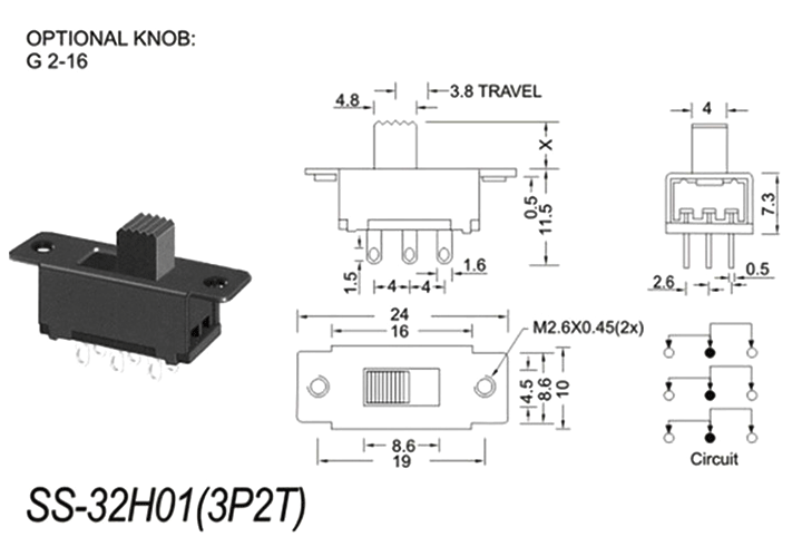SS-32H01/03三极双位拨动开关尺寸图