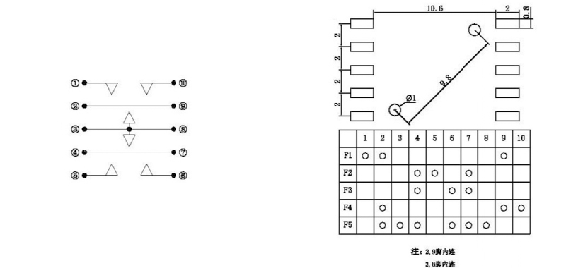 10*10*9mm五向开关接线图